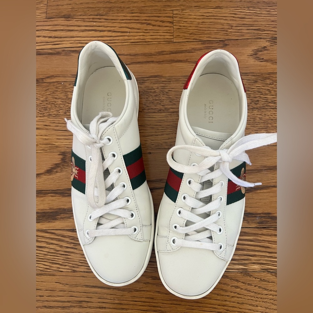 Gucci Ace Bee Sneakers White Leather Web Stripe Size 9